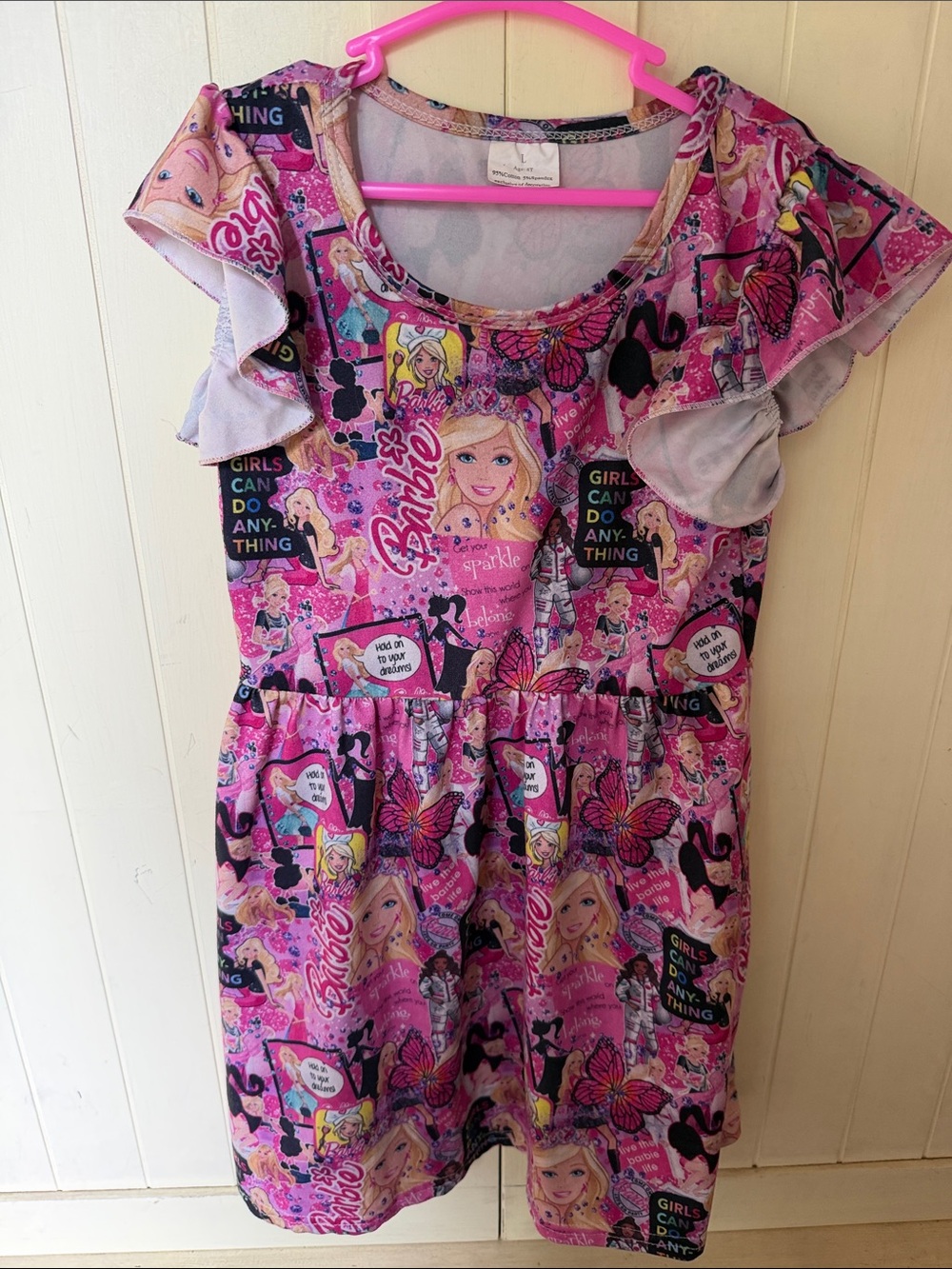 Barbie Pink Graphic Flutter-Sleeve Girls' Dress